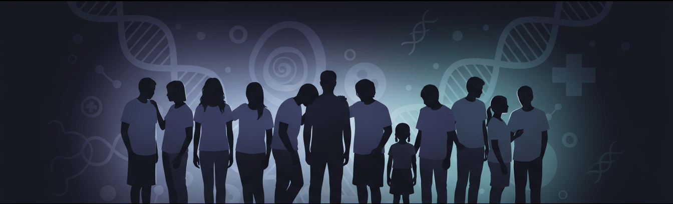 An illustration of silhouettes standing together with a faint DNA helix in the background, symbolizing the Pompe community’s shared grief and resilience.