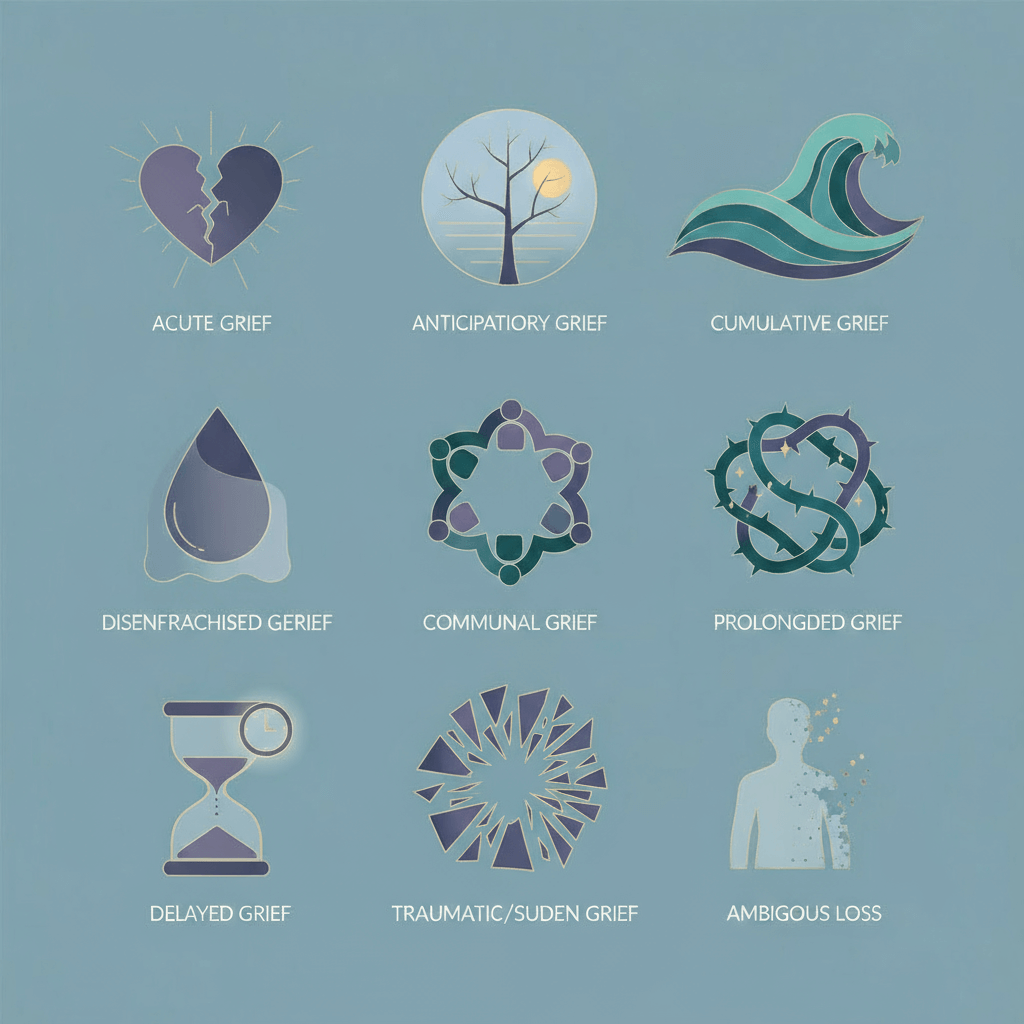 Nine symbolic icons illustrating types of grief, including a cracked heart, hourglass, broken circle, waves, and communal circle, showing that grief takes many forms.