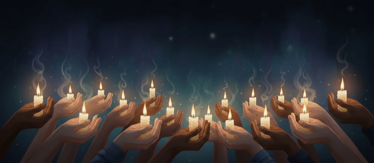 Many hands hold glowing candles in the dark, symbolizing remembrance, advocacy, and community support in the Pompe disease journey.