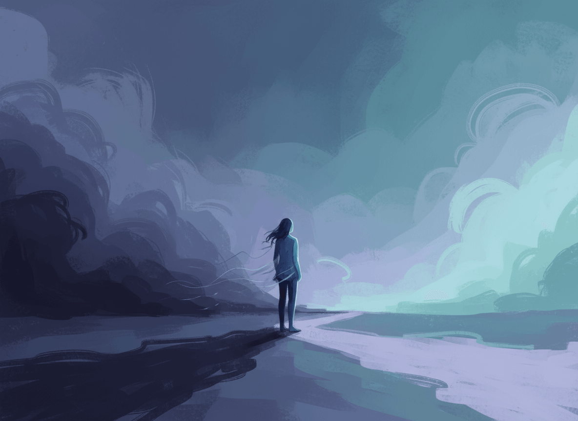 A figure stands at a crossroads, with one path fading into shadows and another leading toward soft light, representing the many ways grief can shape a person’s life.