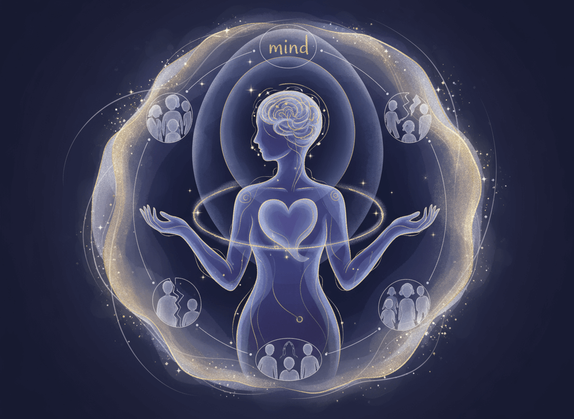 A symbolic human figure surrounded by overlapping layers representing the emotional, physical, mental, social, and spiritual effects of grief.