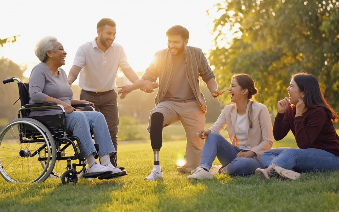 A diverse group of five people, including a woman using a wheelchair and a man with a prosthetic leg, gathered together on a sunlit lawn, laughing and engaged in conversation.