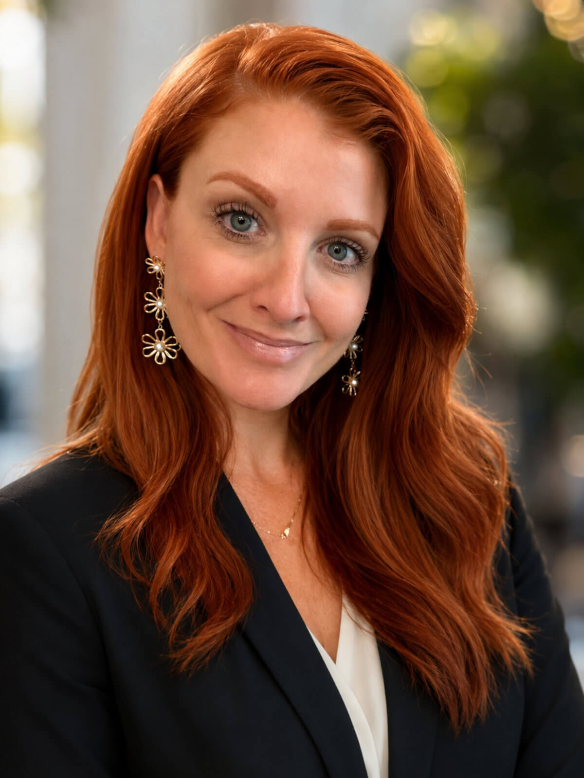 Headshot of Andrea Faris, Director of the Acid Maltase Deficiency Association (AMDA). She has long wavy red hair and is smiling, wearing gold floral drop earrings with pearl accents and a black blazer over a white top, set against a softly blurred outdoor background with warm bokeh light and greenery.