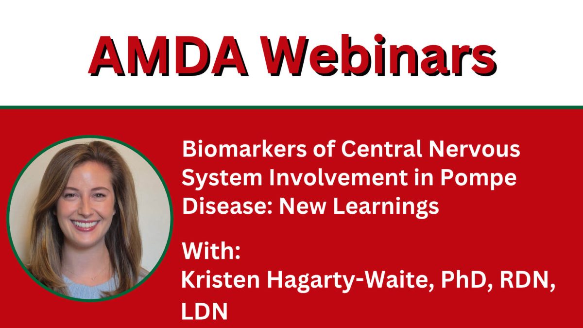 Title card for the 'Biomarkers of Central Nervous System Involvement in Pompe Disease' webinar, with the topic text on an AMDA branded background.