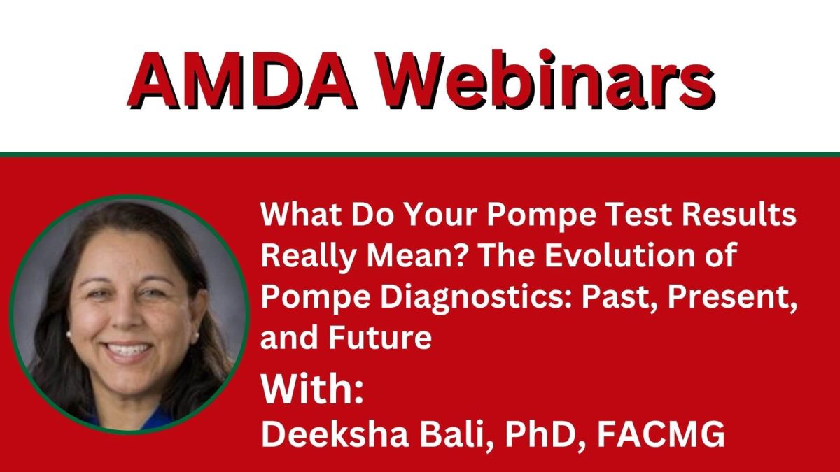 Title card for the 'What Do Your Pompe Test Results Really Mean' webinar, with the topic text on an AMDA branded background.