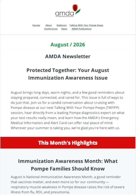 Cover of the AMDA August 2026 Newsletter, 'Protected Together: Your August Immunization Awareness Issue' — download the PDF