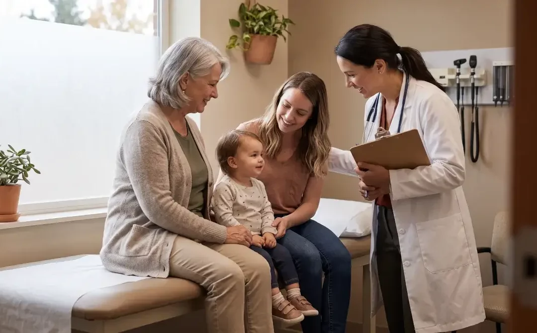 A smiling doctor in a white coat talks with three generations of a family — a grandmother, mother, and toddler — seated together in a medical exam room, with a stethoscope and exam equipment visible on the wall behind them.