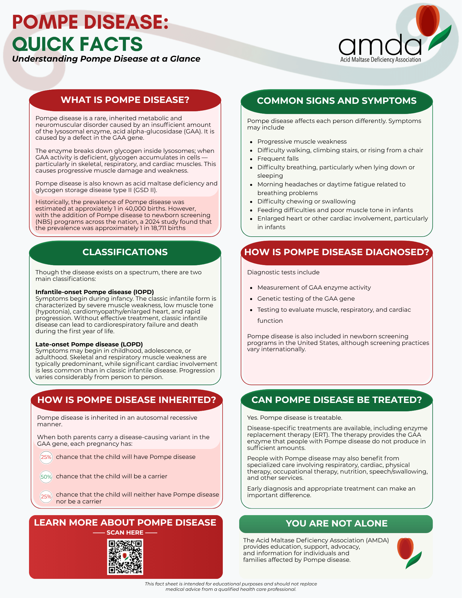 Cover of the AMDA fact sheet 'Pompe Disease: Quick Facts' — download the PDF