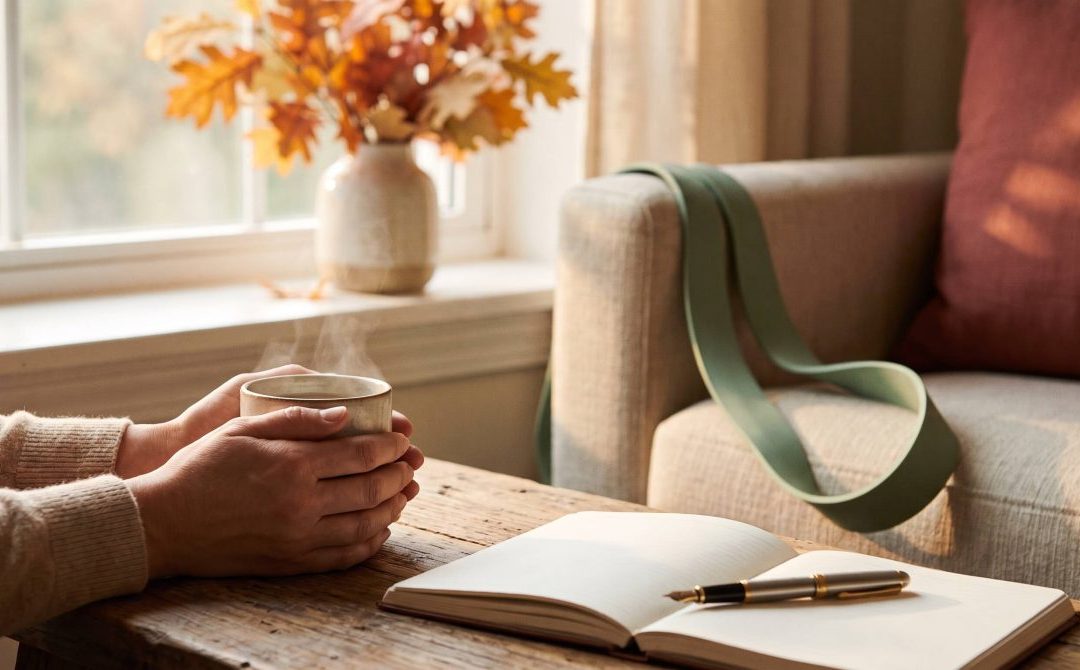 Close-up photo of hands holding a mug of tea beside an open journal, with a resistance band over a chair and autumn leaves in a window behind.